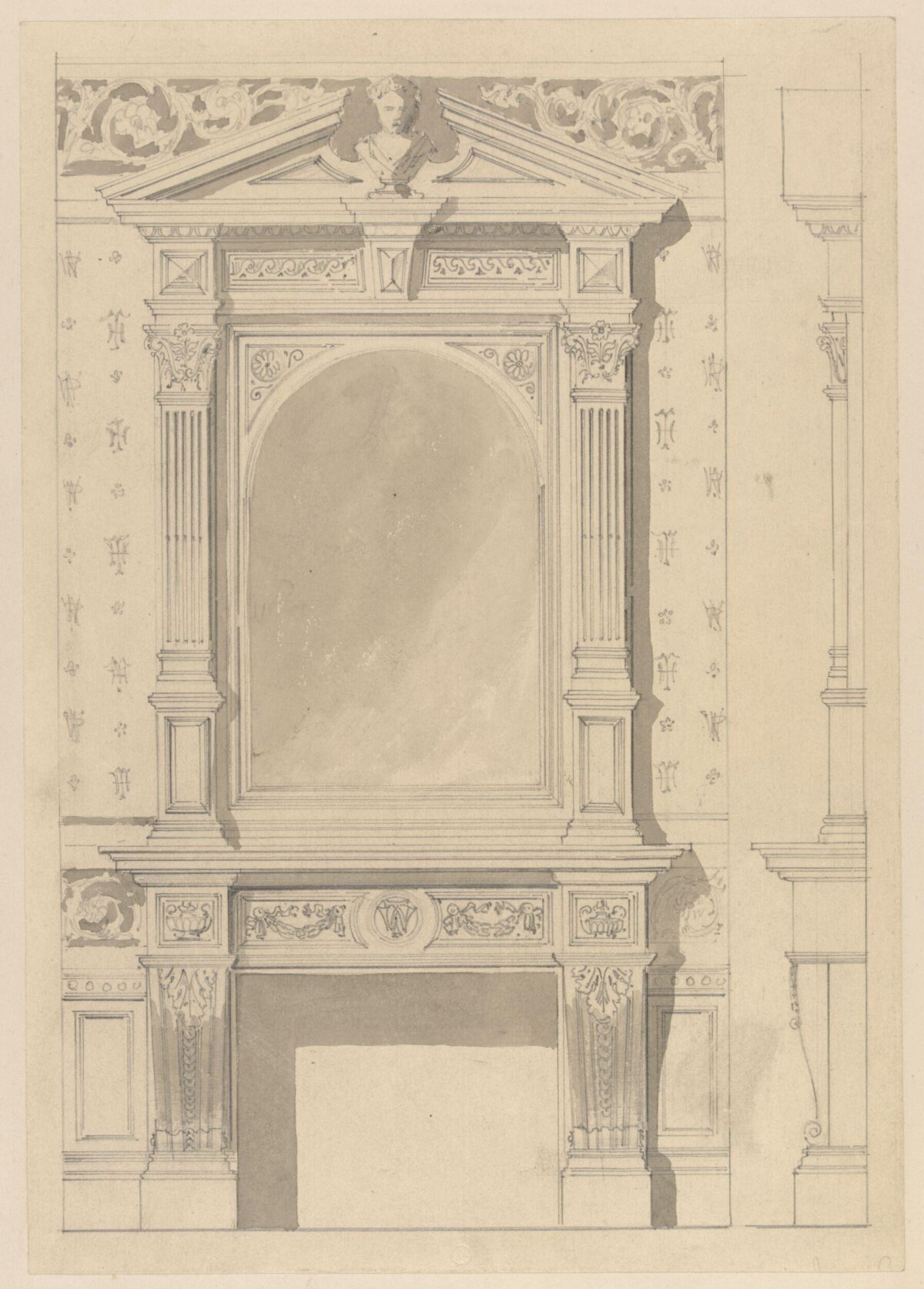 Architectural Sketch of Ornate Fireplace — Architecture