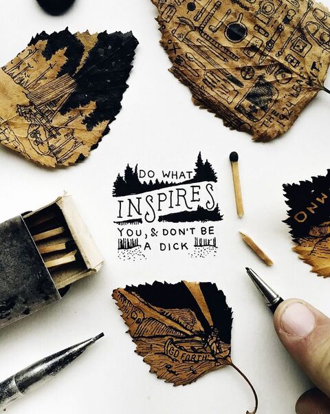 Hand Drawn Ink Art on Dried Leaves