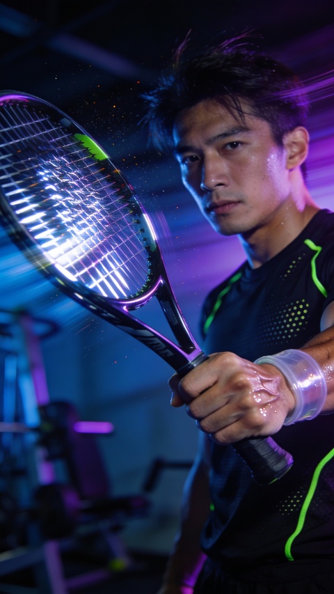 Male Tennis Athlete in Neon Lit Gym