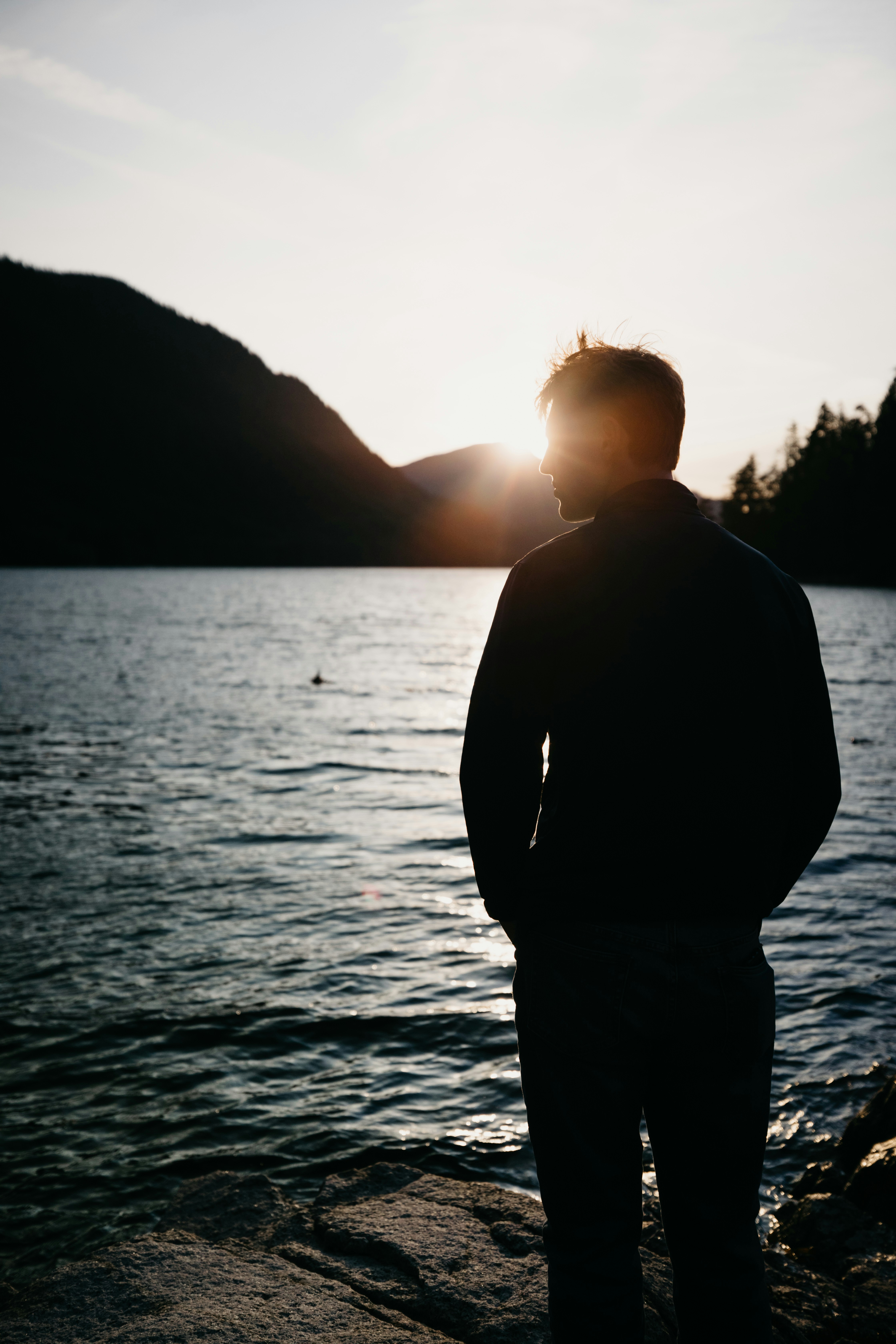 Man Silhouetted By Lake At Sunset