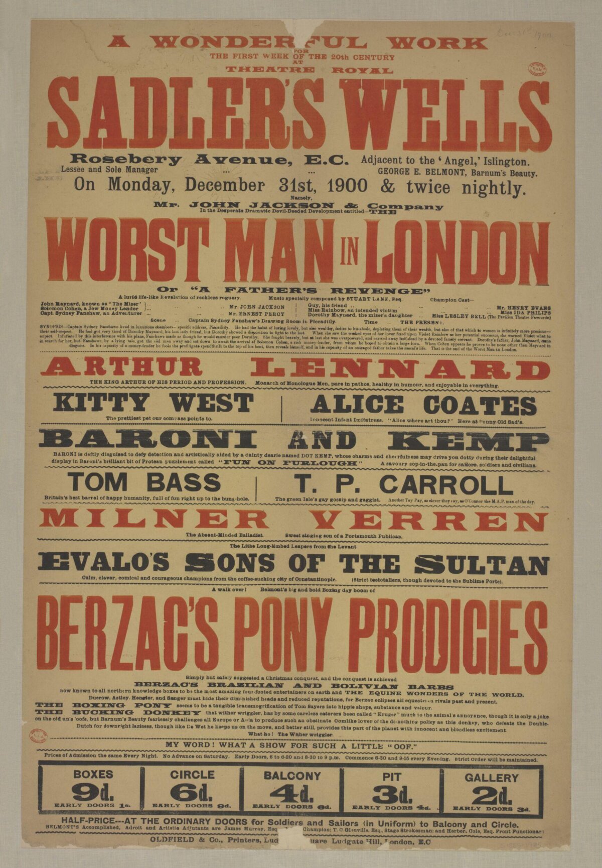 1900 Sadler's Wells Theatre Play Poster