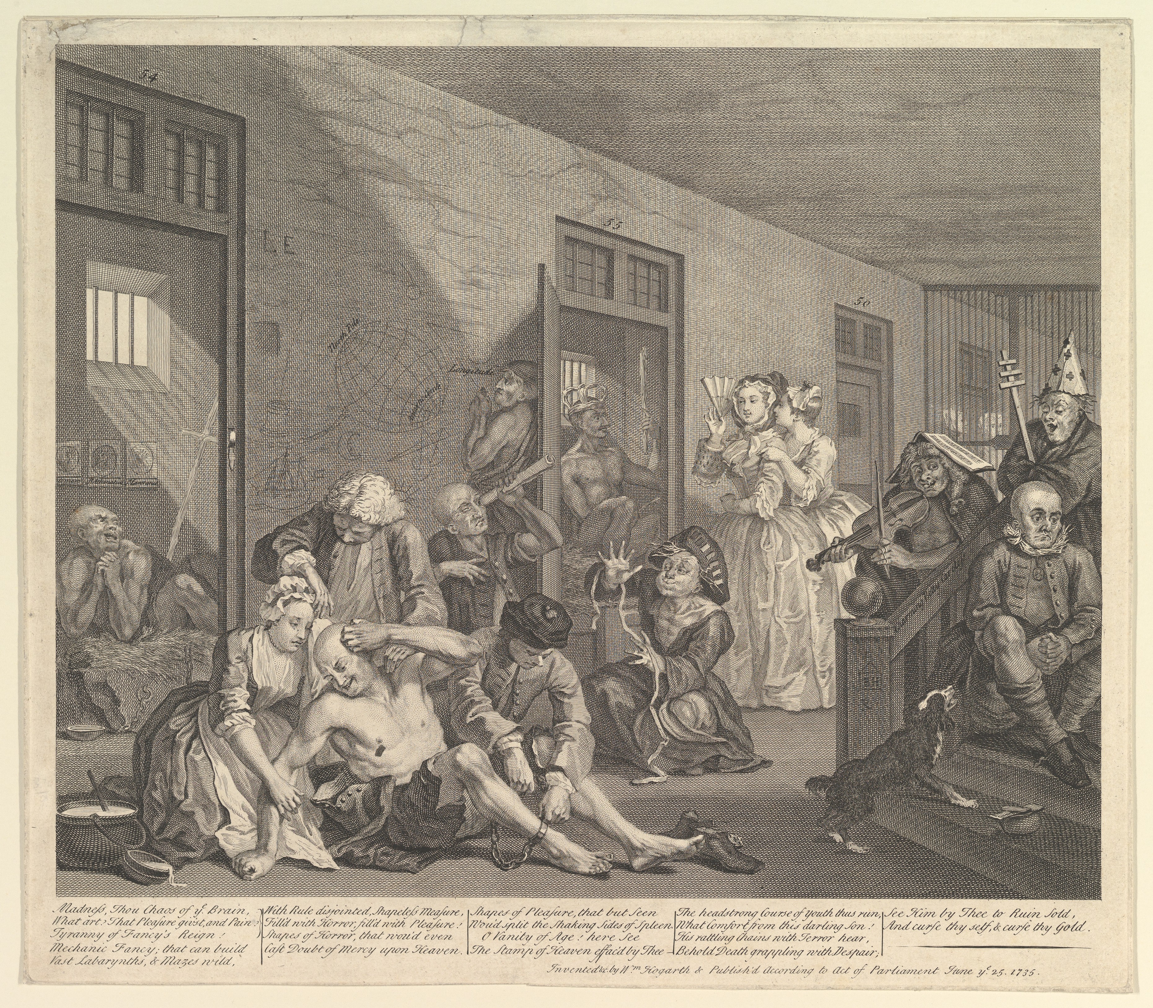 1735 Madhouse Scene Engraving by Hogarth