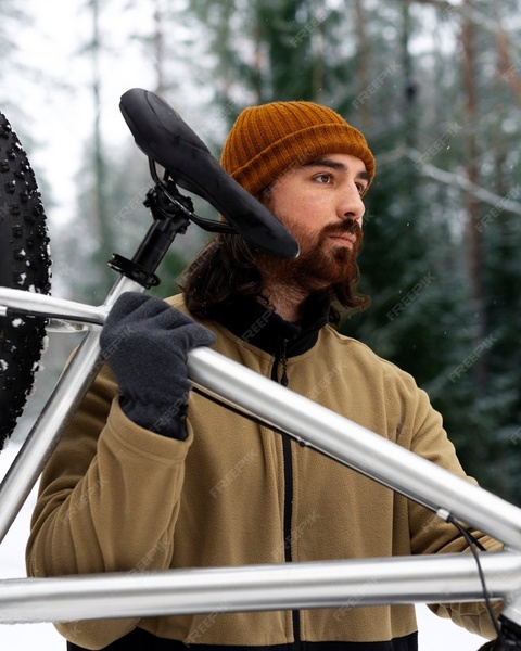 Man carrying bicycle in winter forest
