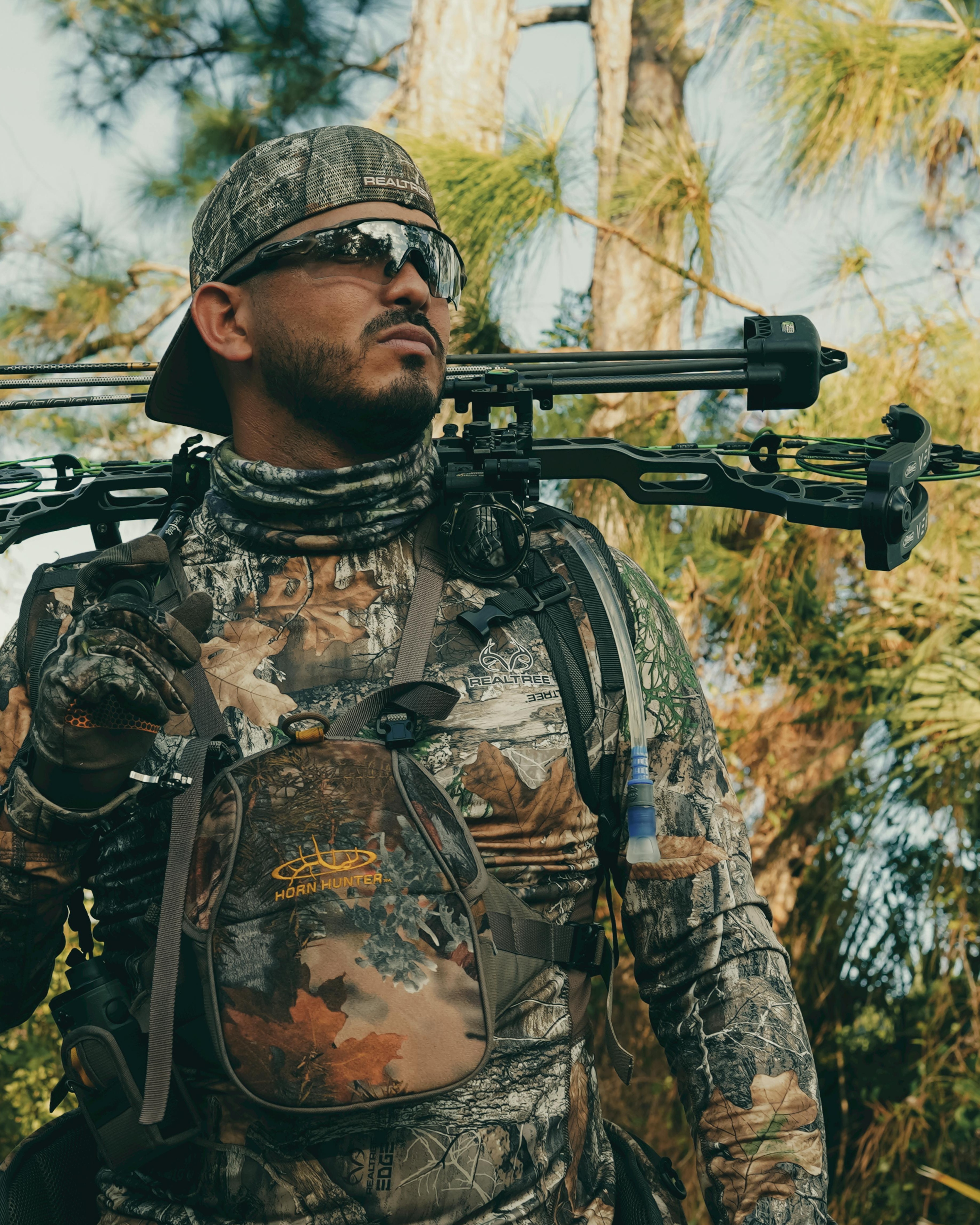 Camouflaged Bowhunter in Pine Forest