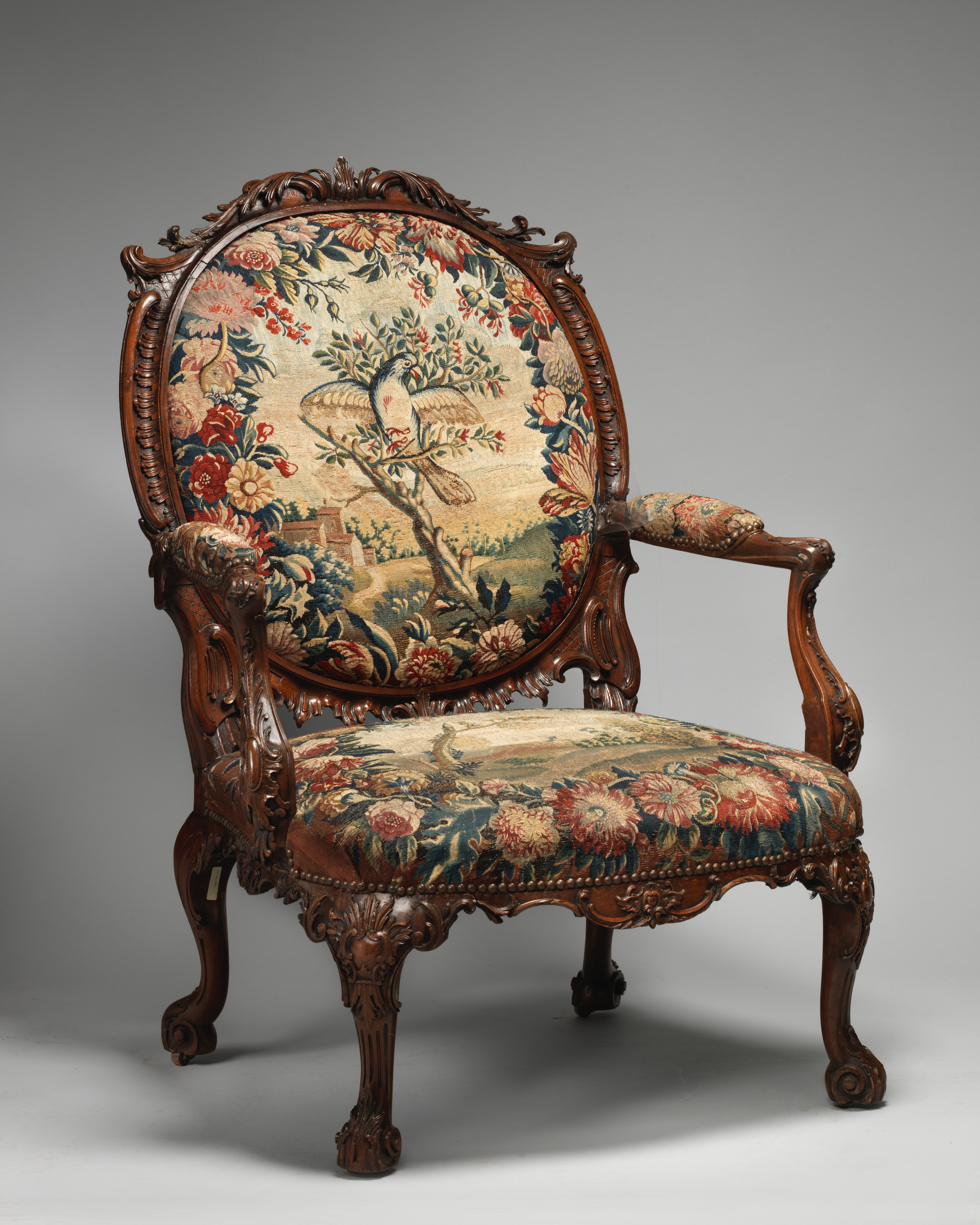 Carved Antique Tapestry Armchair