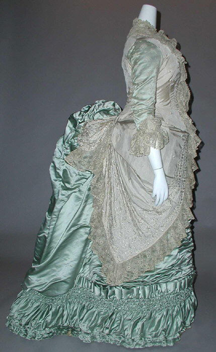 Vintage Green Silk Victorian Bustle Gown