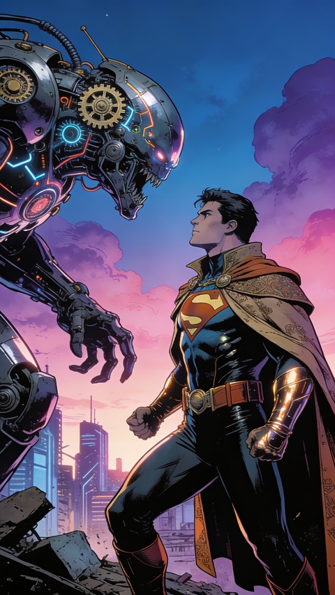 Superman Faces Giant Robot in Ruined City