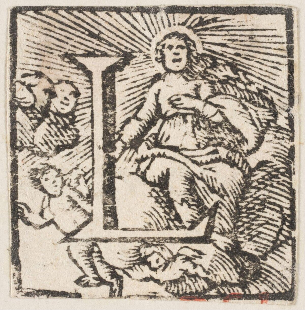 Vintage Woodcut of Haloed Seated Figure and Angels