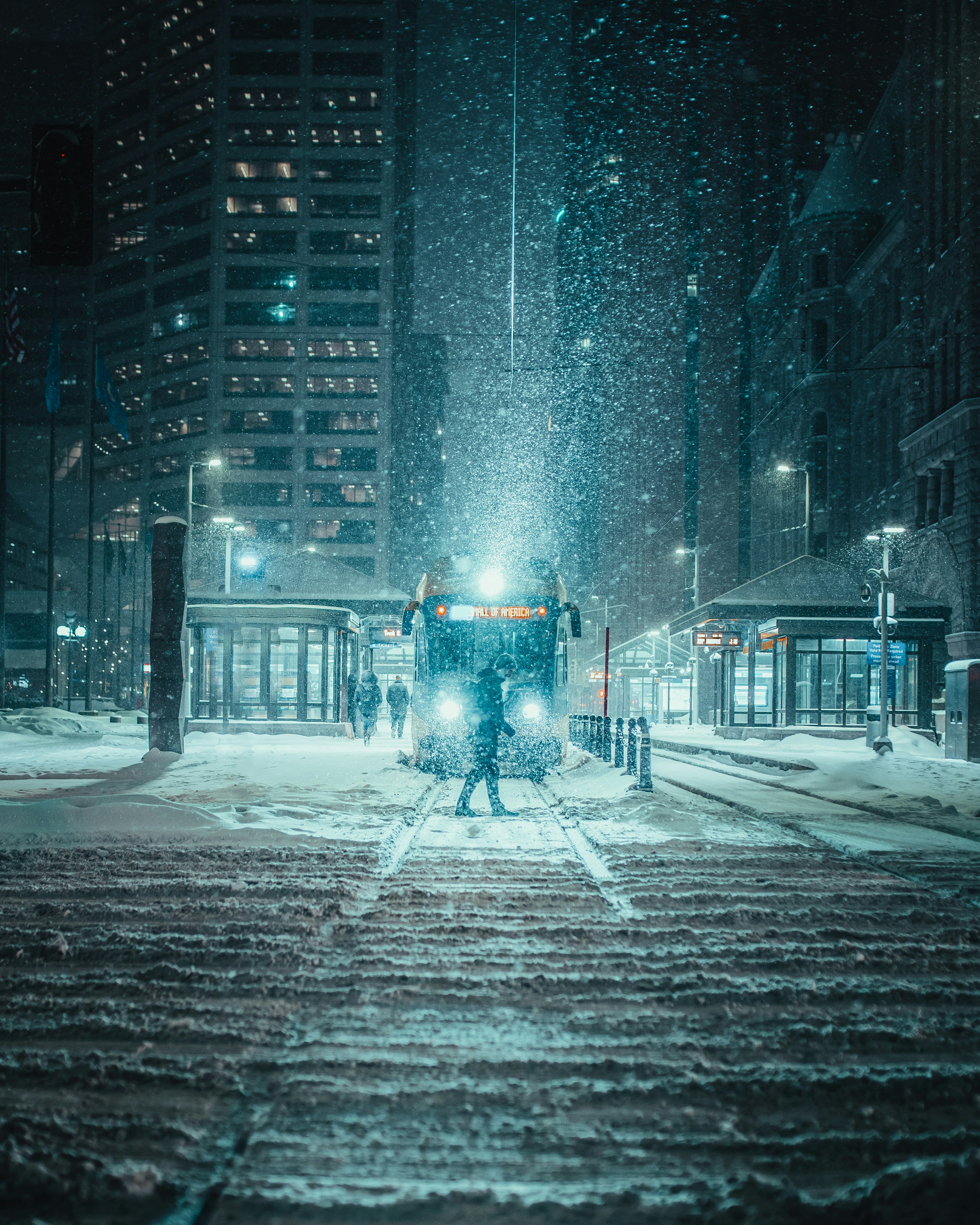 Snowy Night City Tram Stop