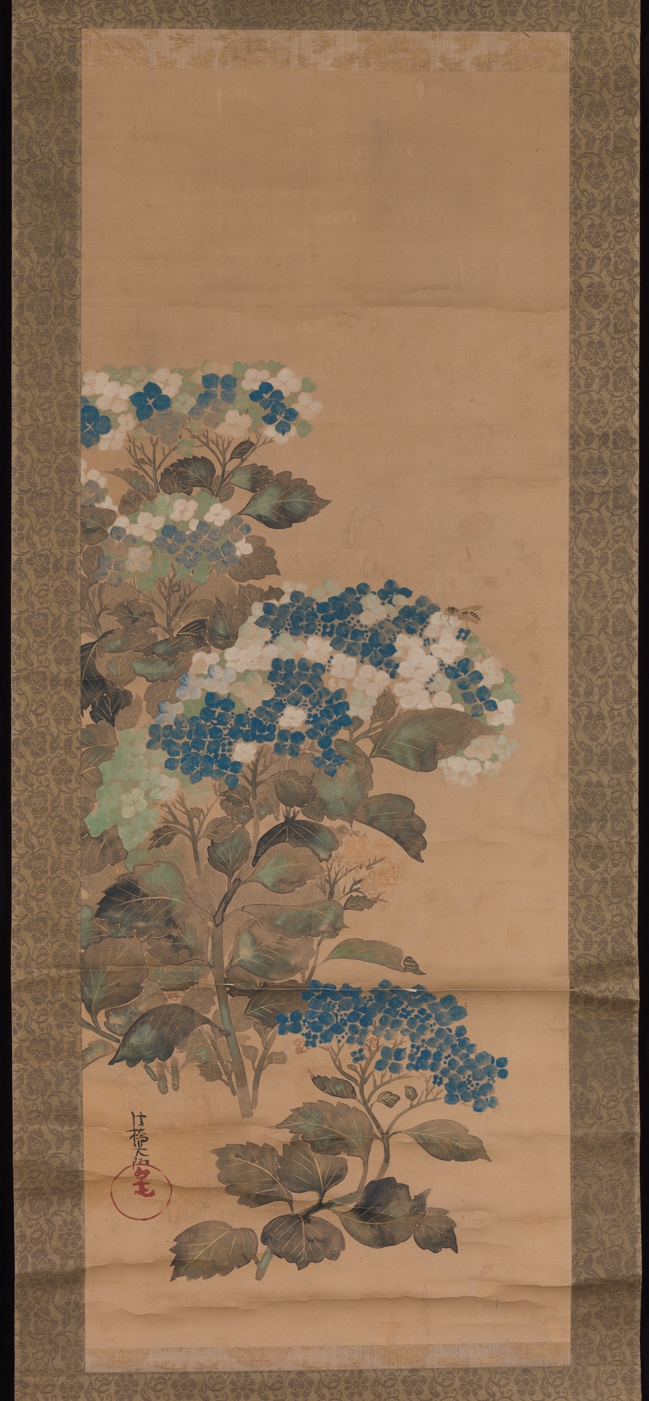 Hydrangea and Bee Scroll Painting