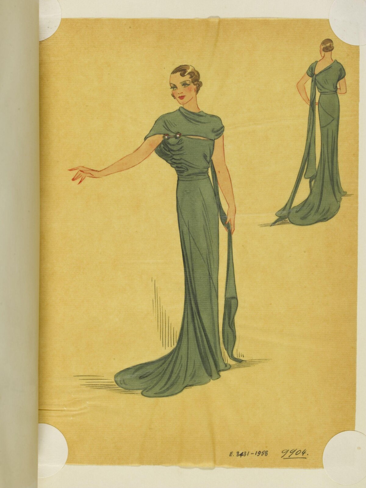 Vintage Green Evening Gown Fashion Sketch