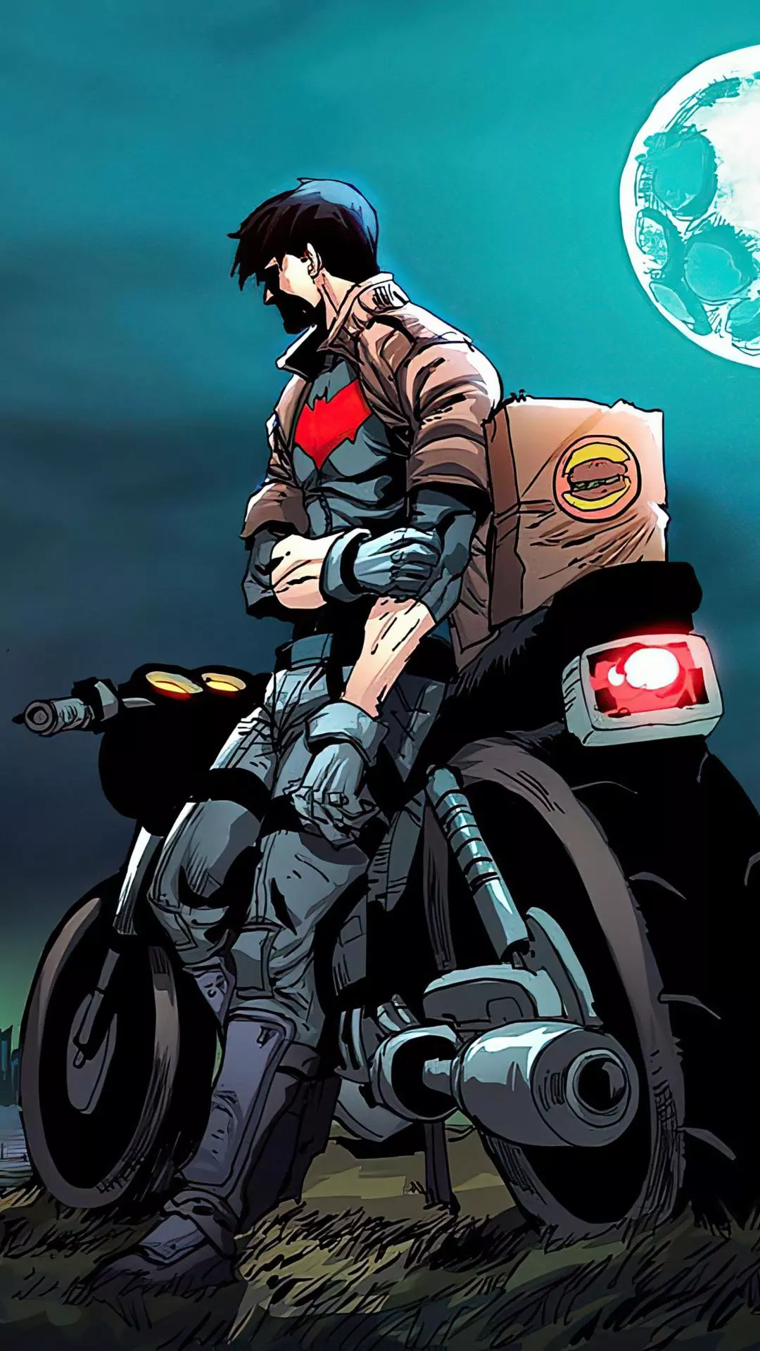 Red Hood Leaning on Motorcycle