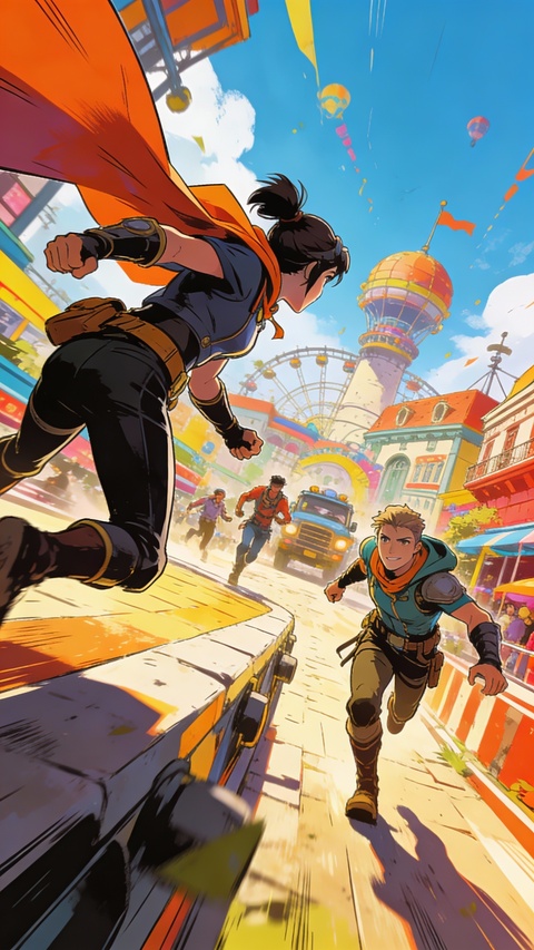 Adventurers Racing Through Amusement Park