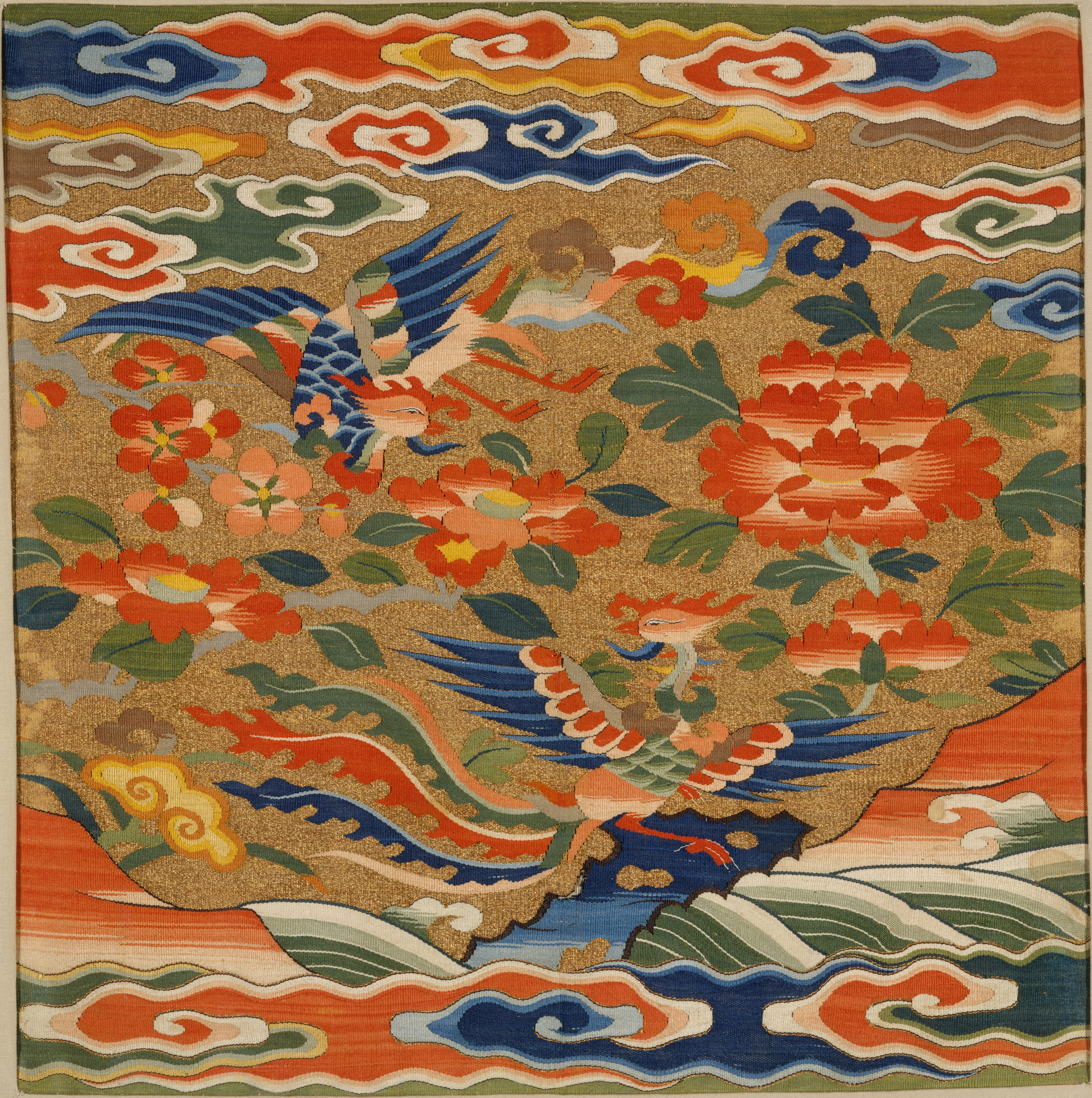 Ancient Chinese Textile with Phoenixes and Peonies