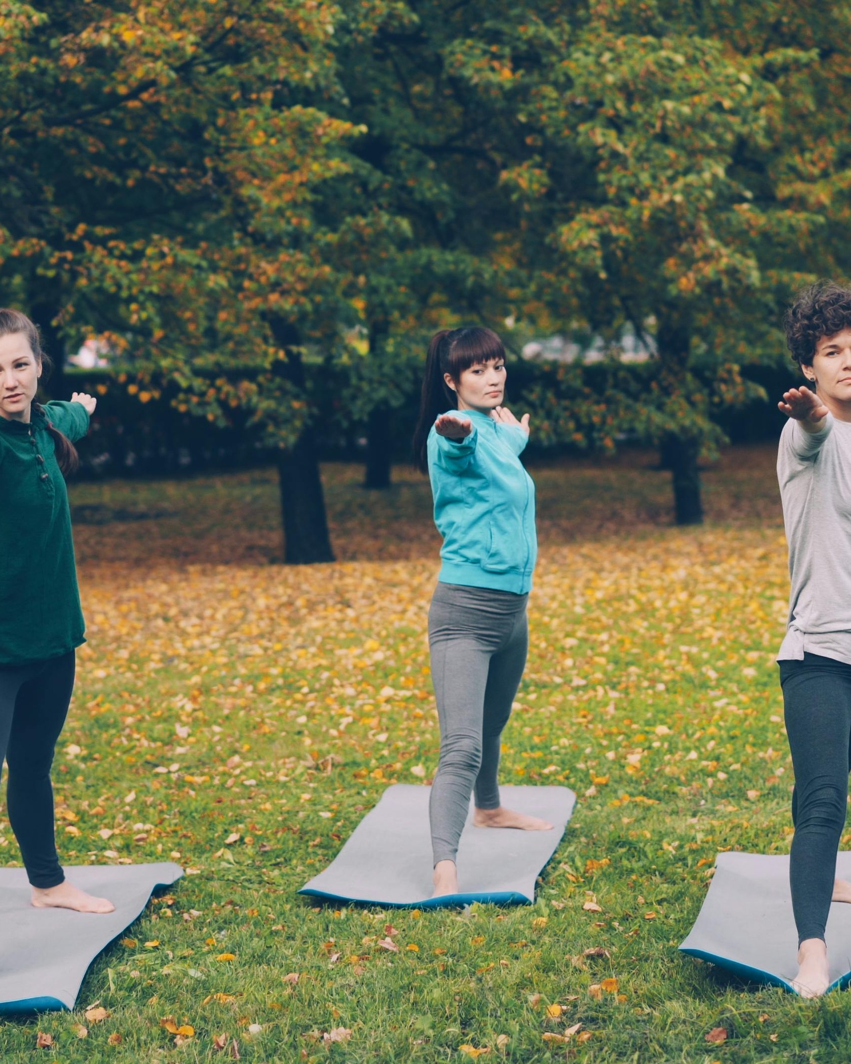 Three Women Doing Outdoor Yoga in Park
