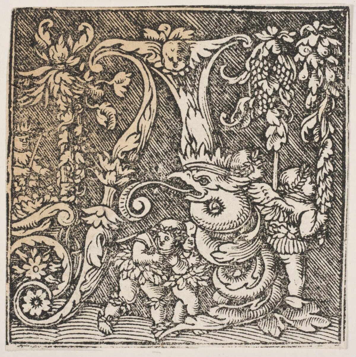 Ornamental Woodcut with Dragon and Children