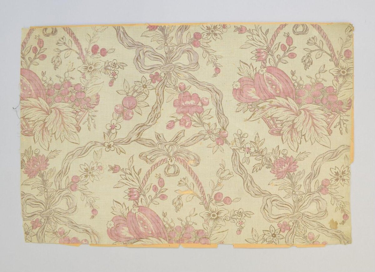 Vintage Floral Basket Printed Fabric Fragment