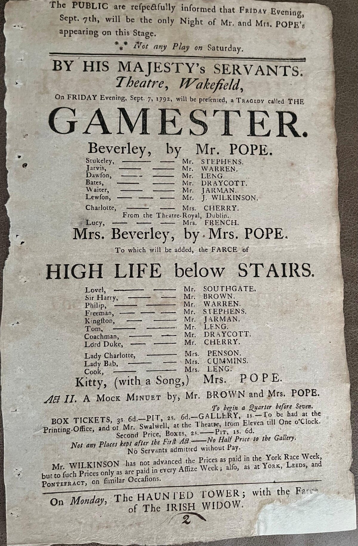 1792 Wakefield Theater Playbill