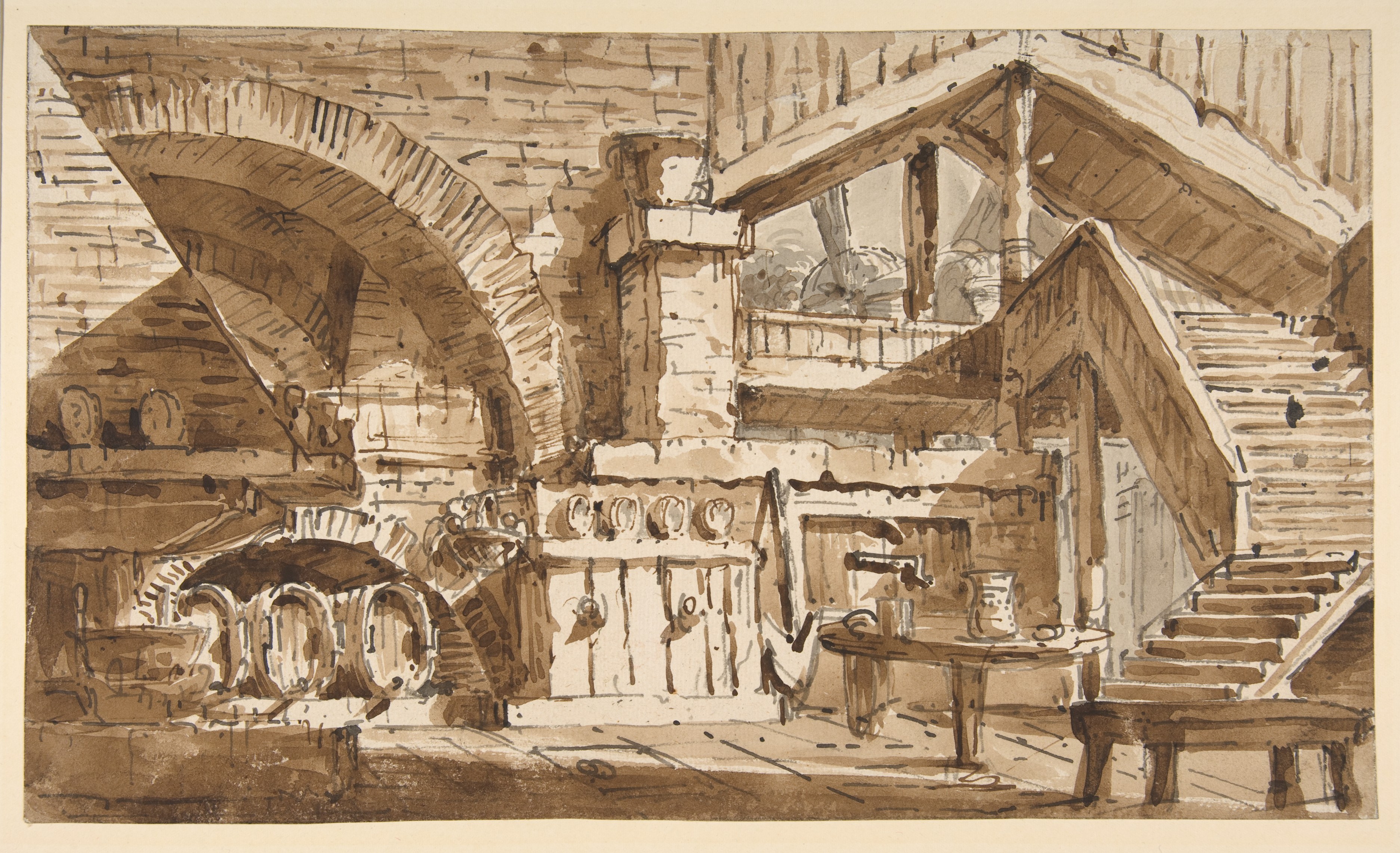 Wine Cellar Ink Wash Sketch