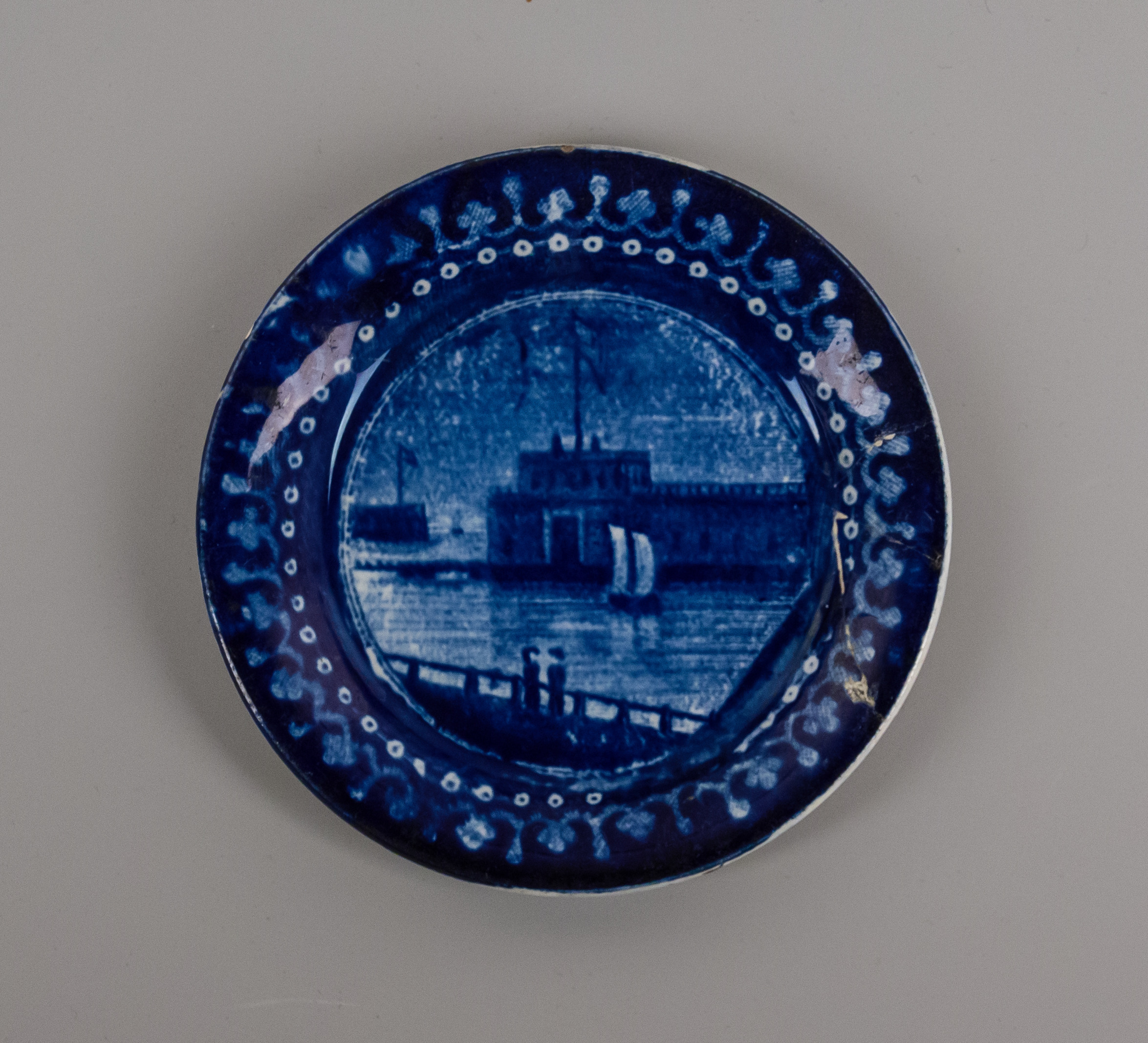 Blue Harbor Scene Antique Porcelain Plate