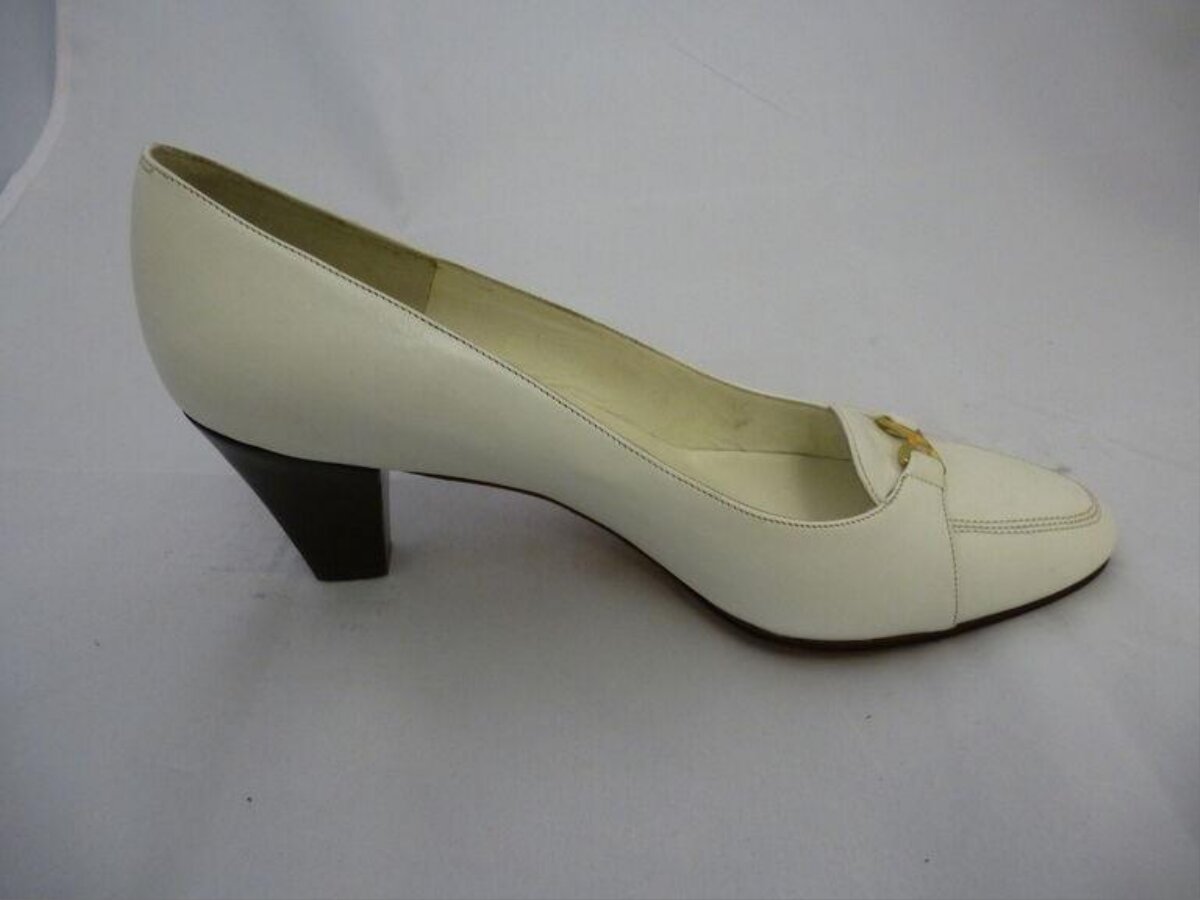 White Leather Block Heel Pump