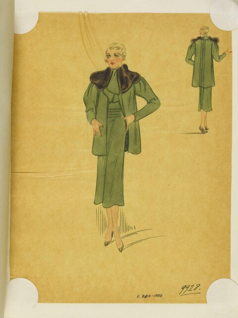 1930s Green Women's Suit Fashion Sketch