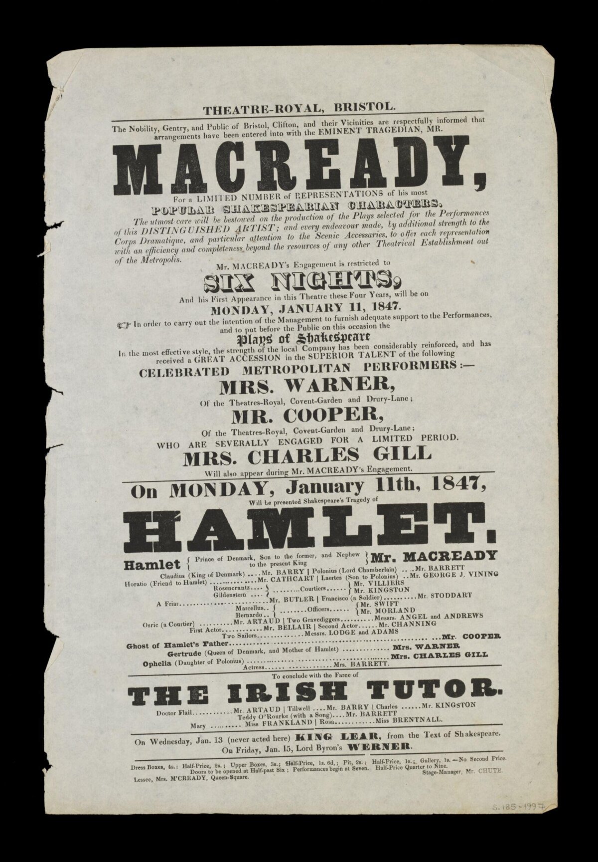1847 Bristol Theatre Hamlet Playbill