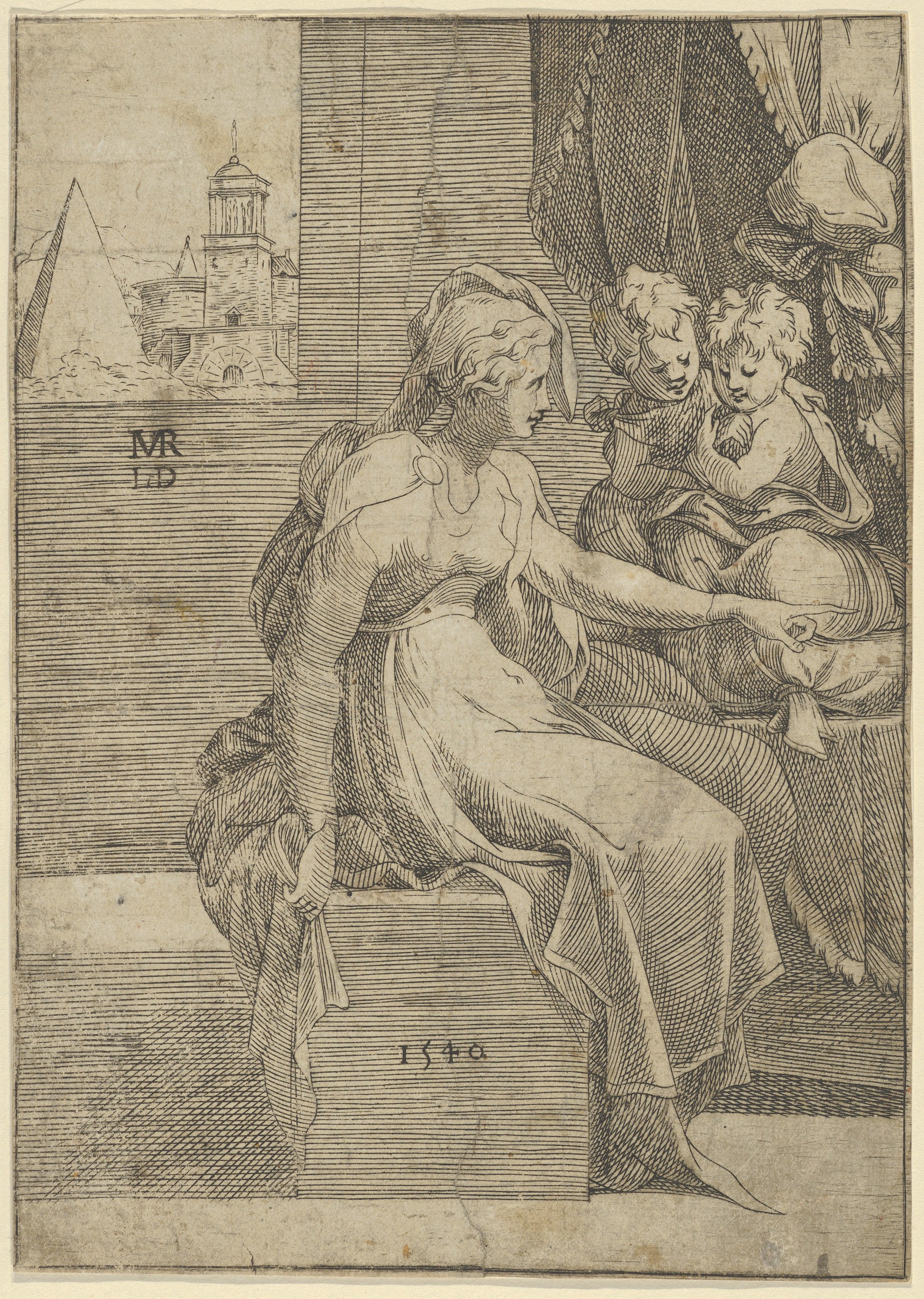 1540 Engraving of Seated Woman with Children
