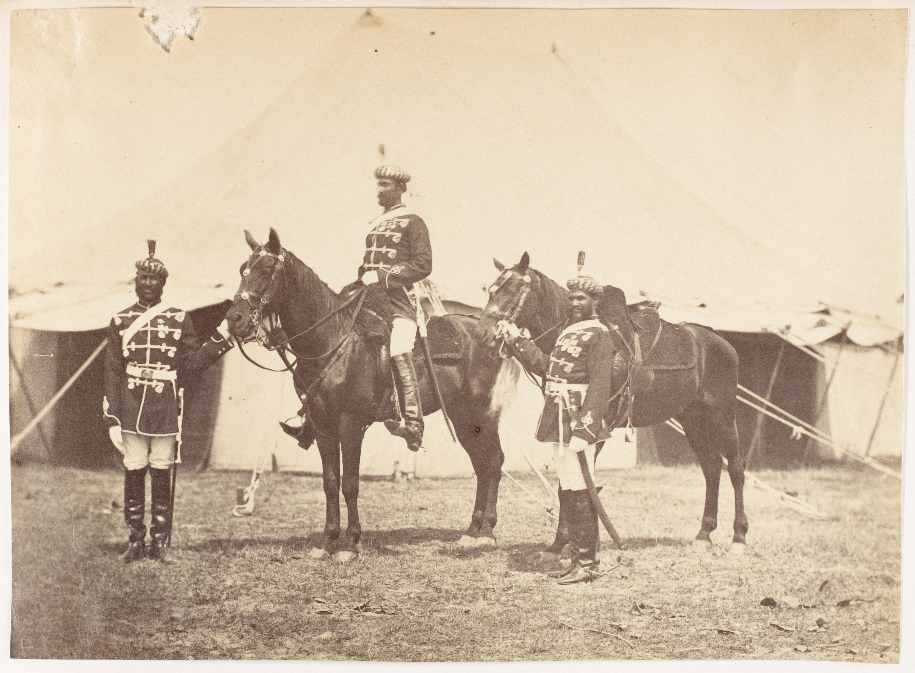 Three Soldiers with Horses at Camp