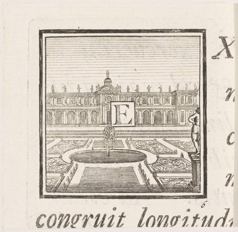 Initial E Engraving with Palace Garden