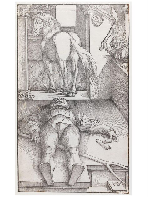Woodcut of Dead Man and Standing Horse
