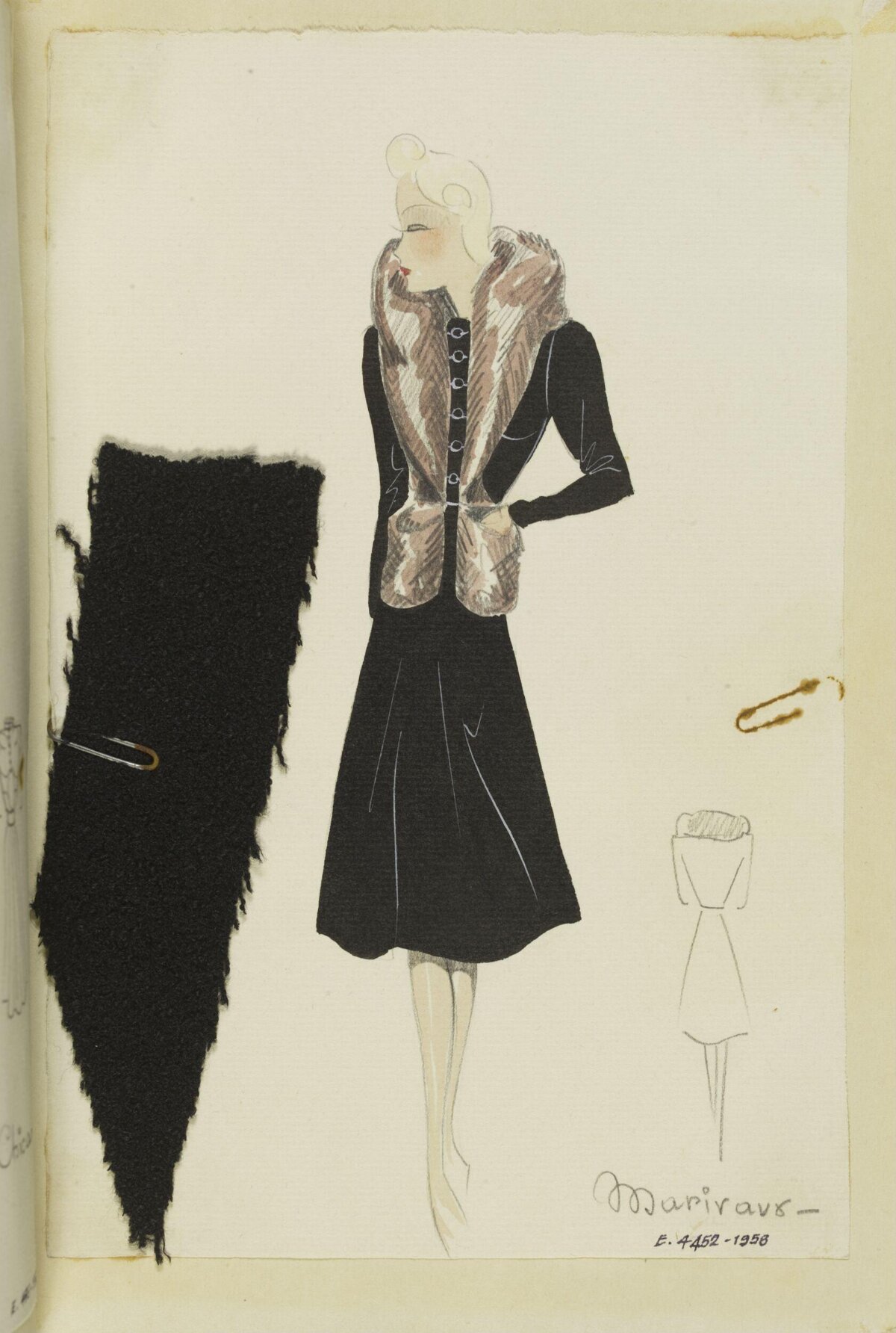 Vintage Fur Trim Dress Fashion Sketch