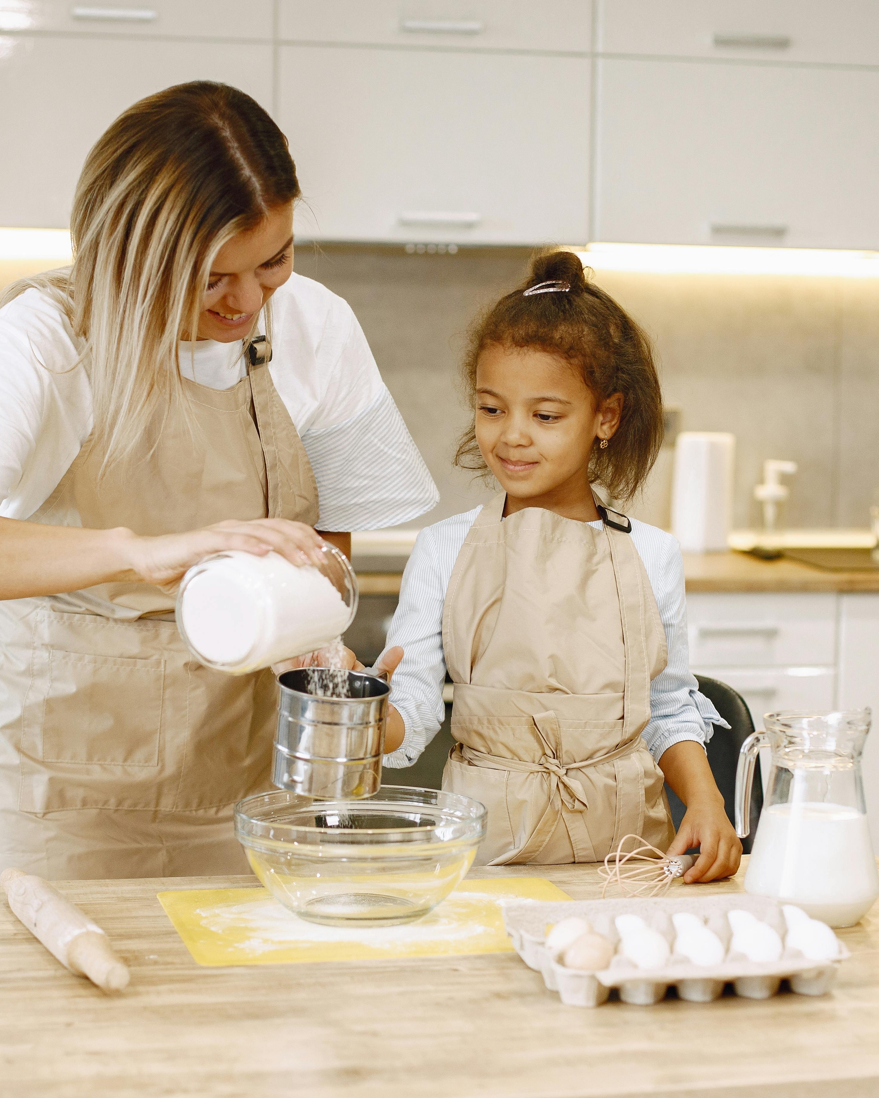 Woman and Girl Baking Together in Kitchen