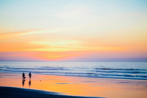 Two People Walking Dog on Beach at Sunset