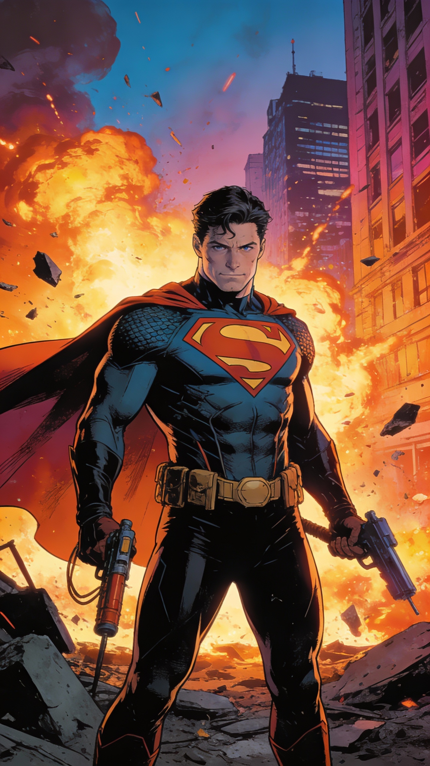 Superman in Destroyed Burning City