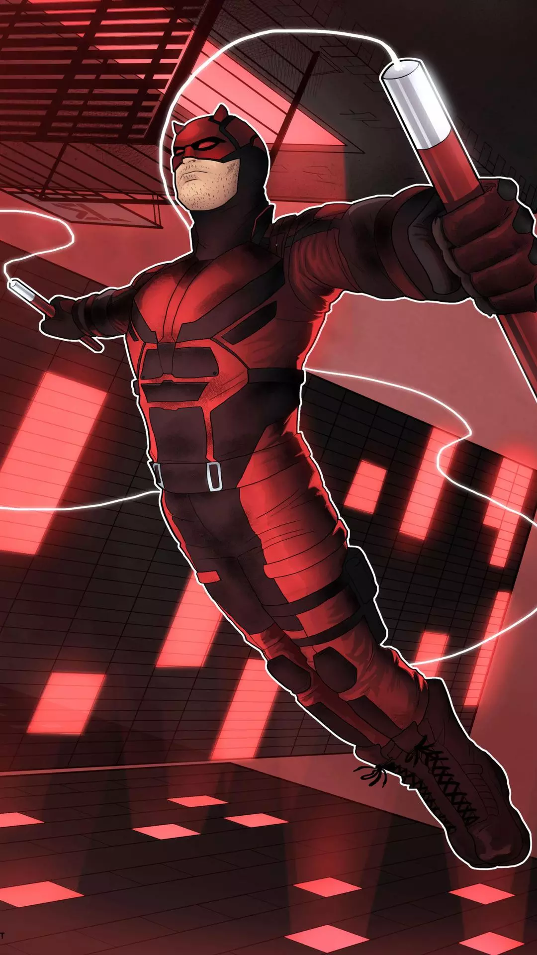 Daredevil Leaping in Red Lit Hallway