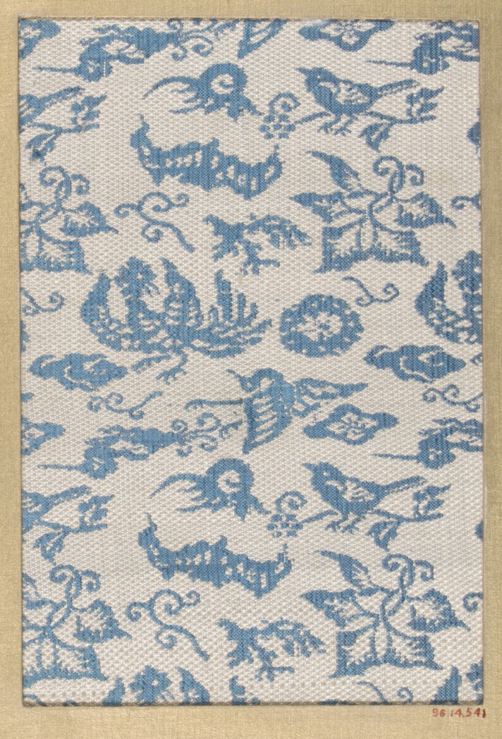Blue and White Bird Floral Textile Sample