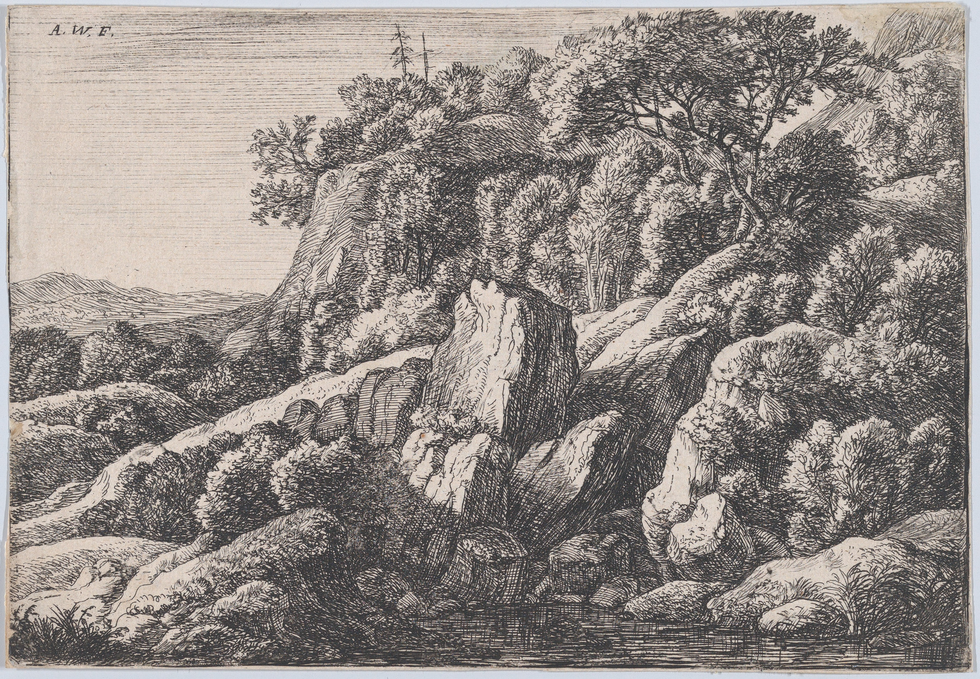Rocky Wooded Landscape Ink Sketch