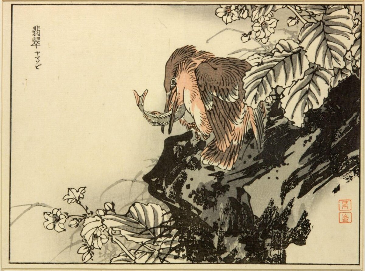 Kingfisher Catching Fish Woodblock Print