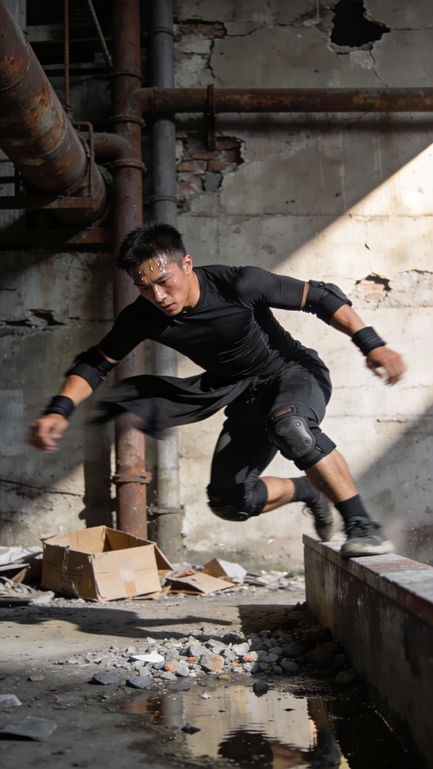 Man Doing Parkour in Abandoned Building