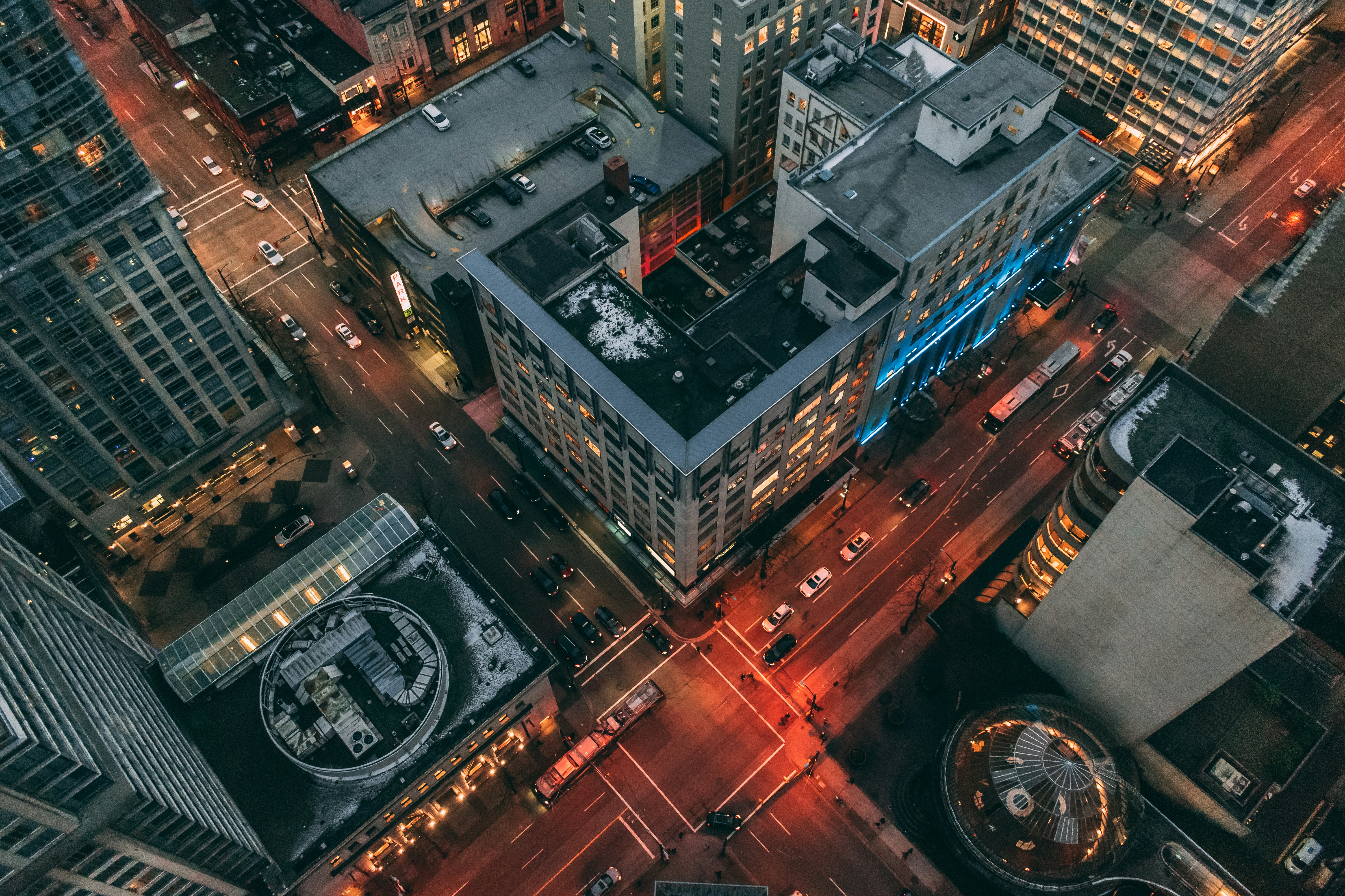 Aerial View of City Intersection at Dusk