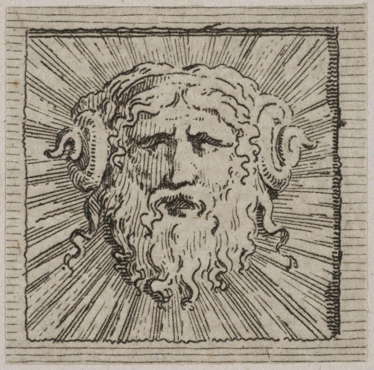 Etching of Horned Bearded Deity Head
