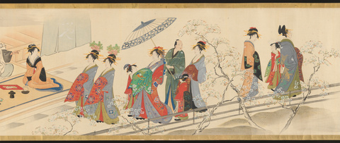 Japanese Courtesan Procession Scroll Painting