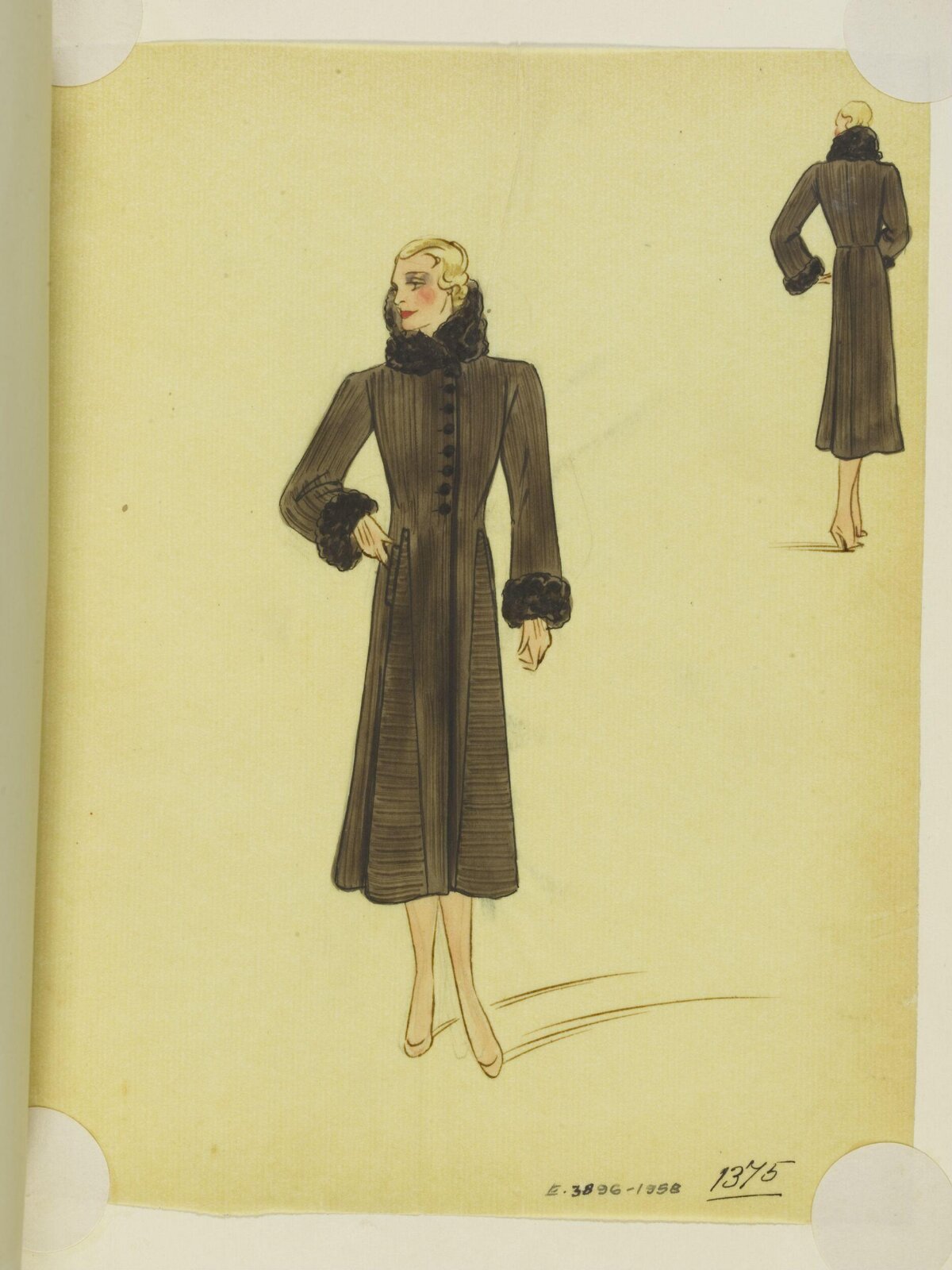 Vintage Fur Trimmed Coat Fashion Sketch