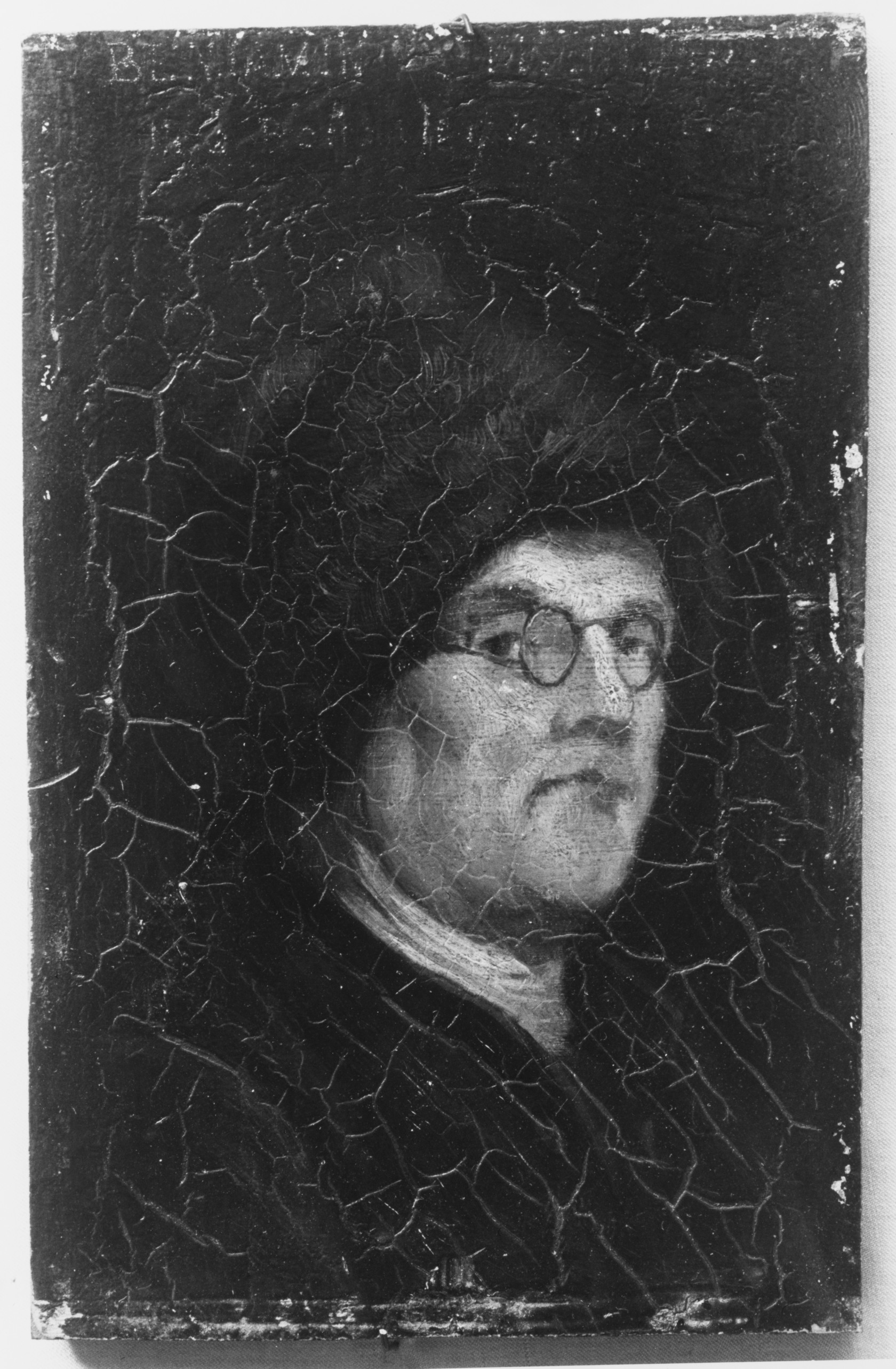 Antique Cracked Portrait of Man with Glasses