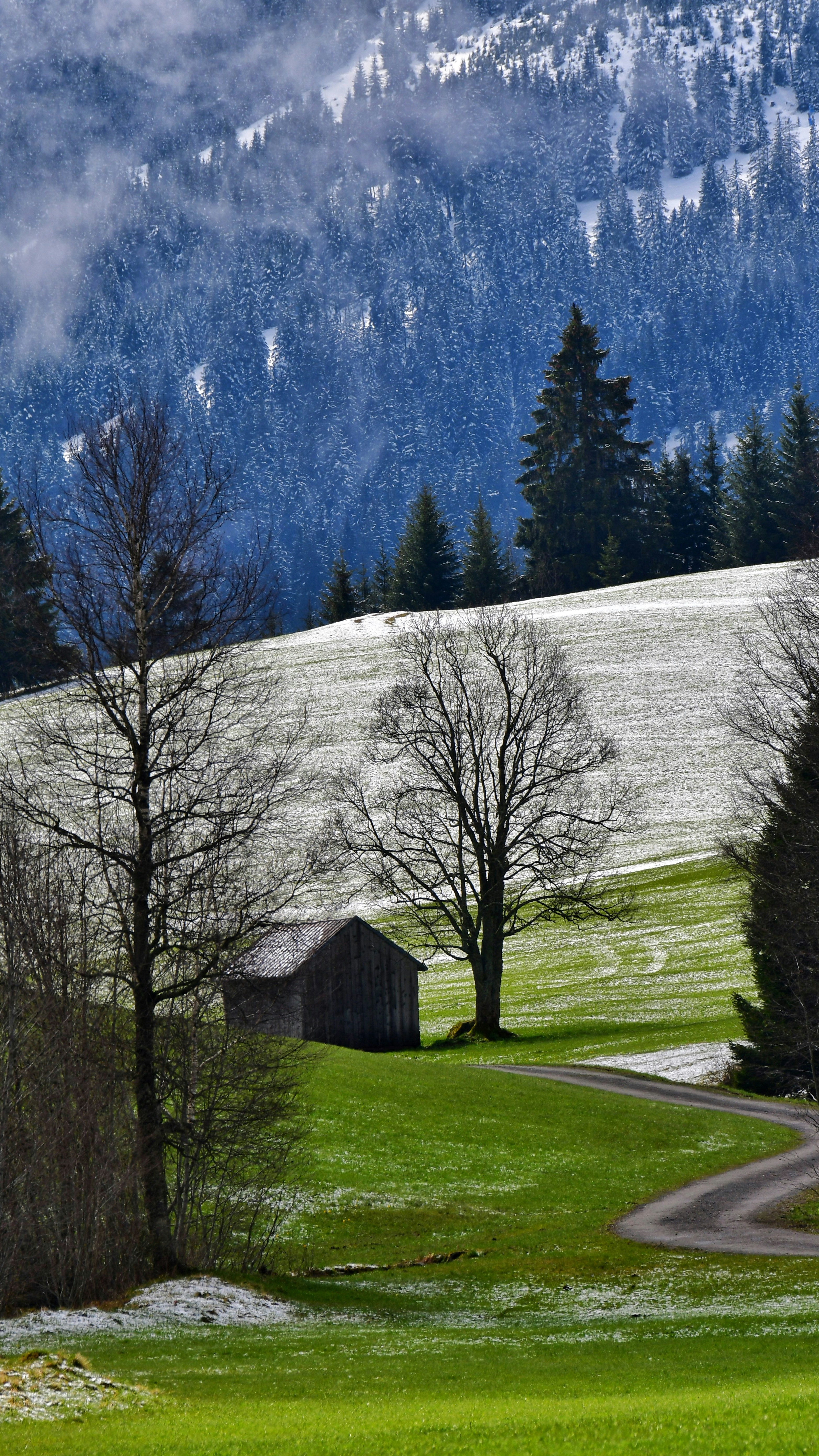 Cabin on Snow-dusted Alpine Hillside