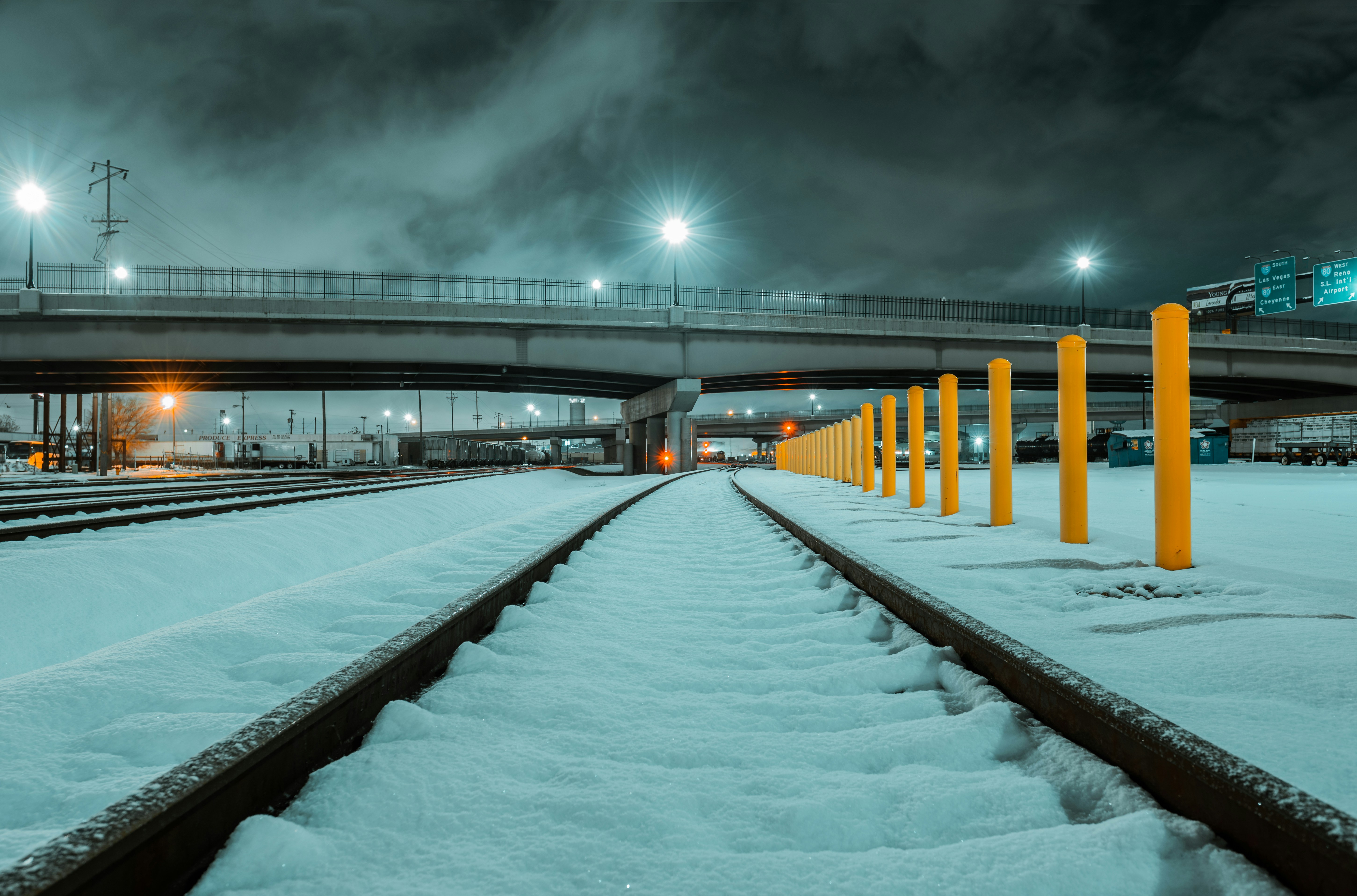 Snowy Night Railway Under Overpass