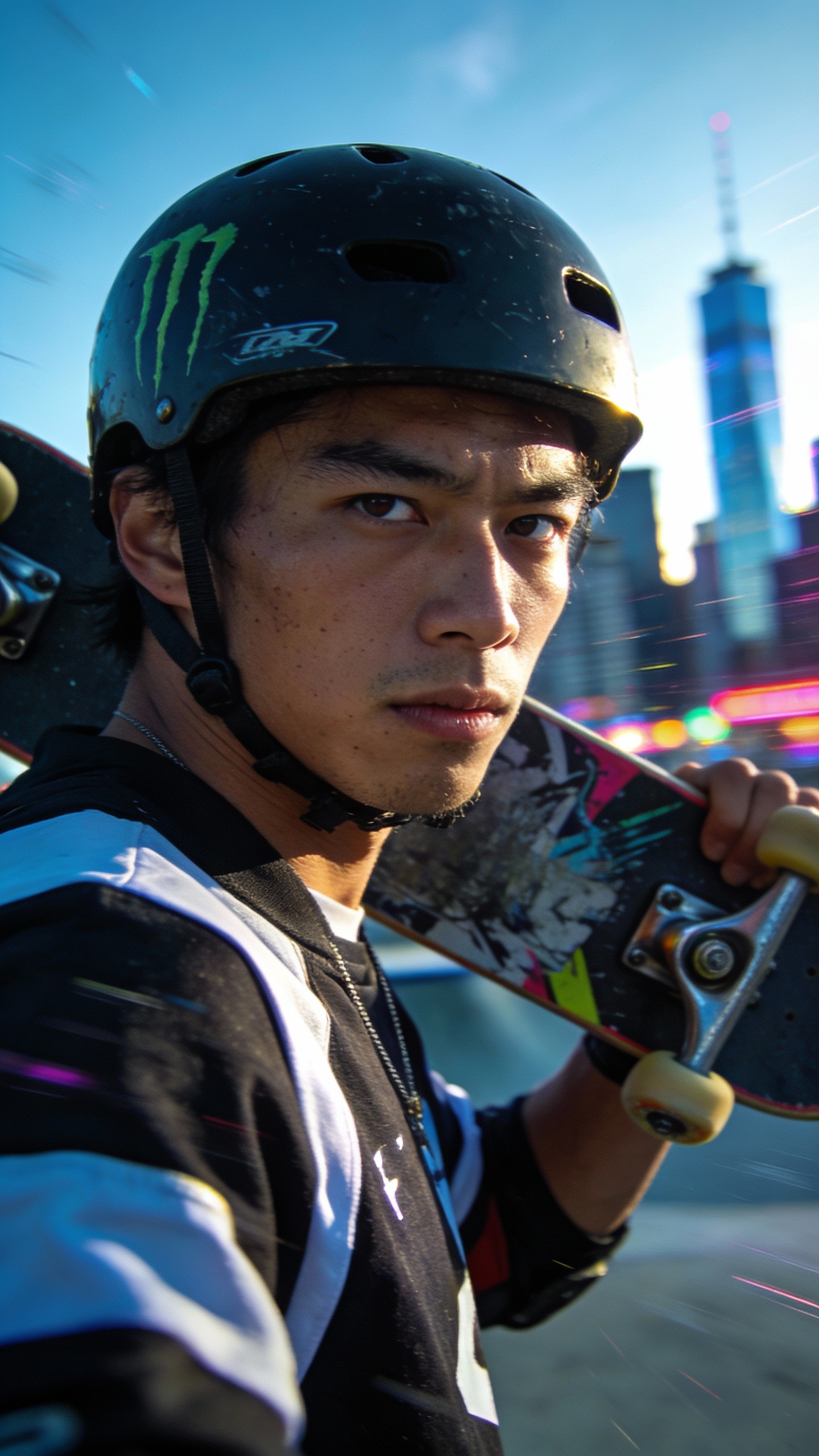 Urban Skateboarder Against City Skyline