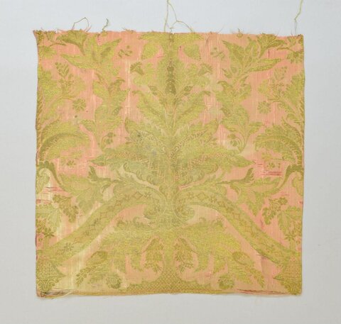 Antique Pink Green Damask Textile Fragment