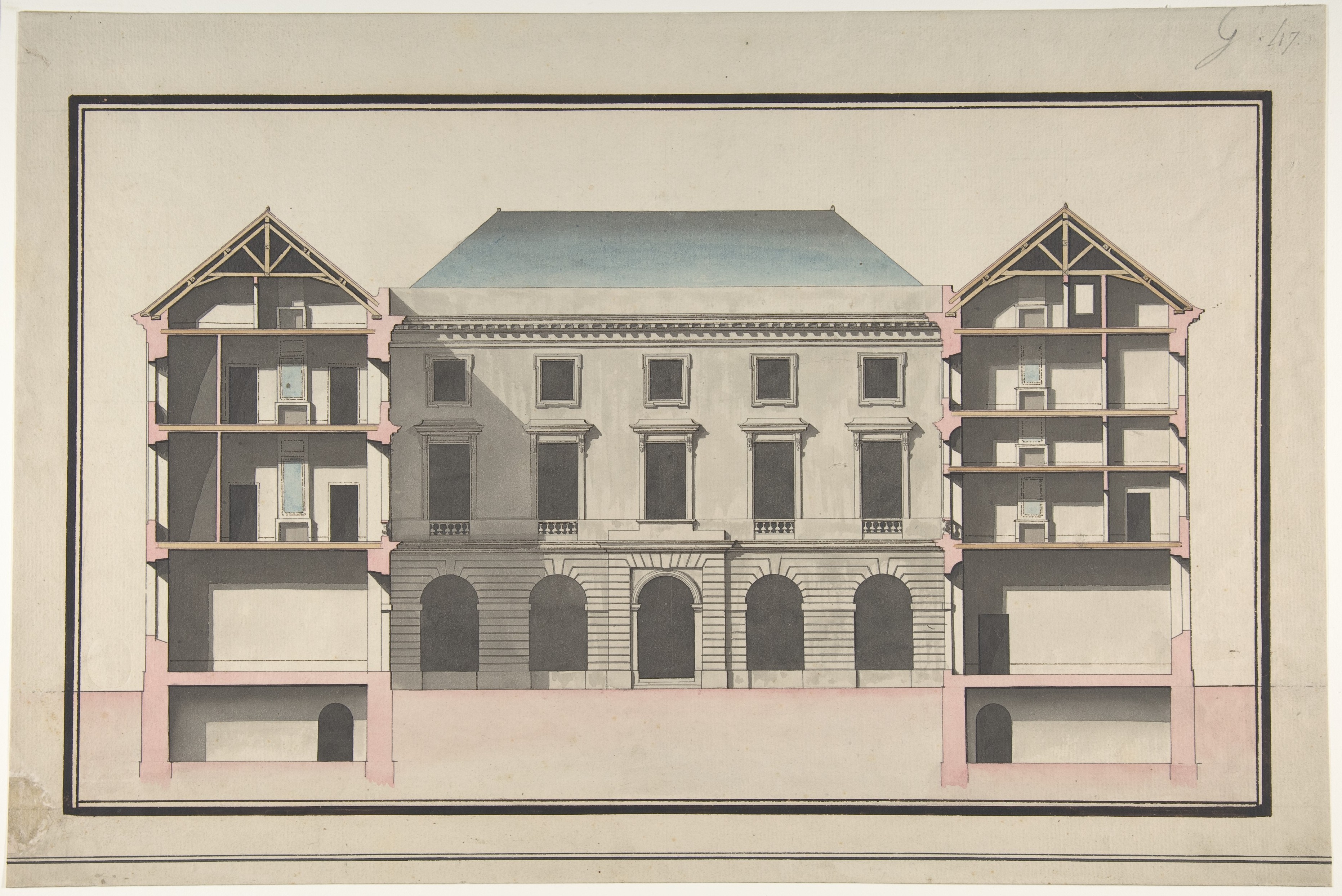 Neoclassical Building Cross-Section Drawing